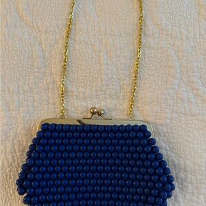 Blue Beaded Clutch with Gold Chain